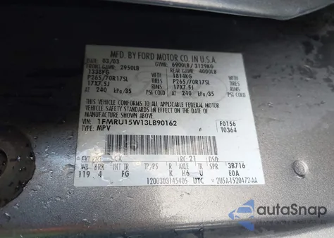 2003 Ford Expedition Xlt из США, поврежденный, VIN 1FMRU15W13LB90162